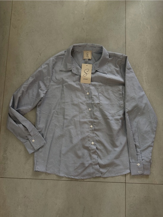 Sioni Tops - Sioni Rhinestone Striped Button Down Shirt